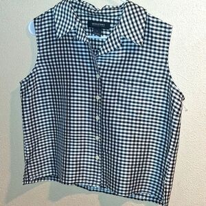 Vintage Black and White Gingham Sleeveless Button Down Cropped 100% Silk Top M